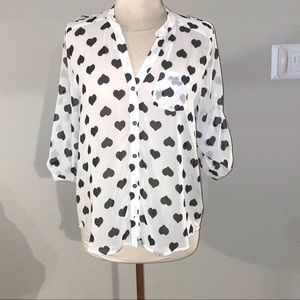 Sheer button down black hearts blouse